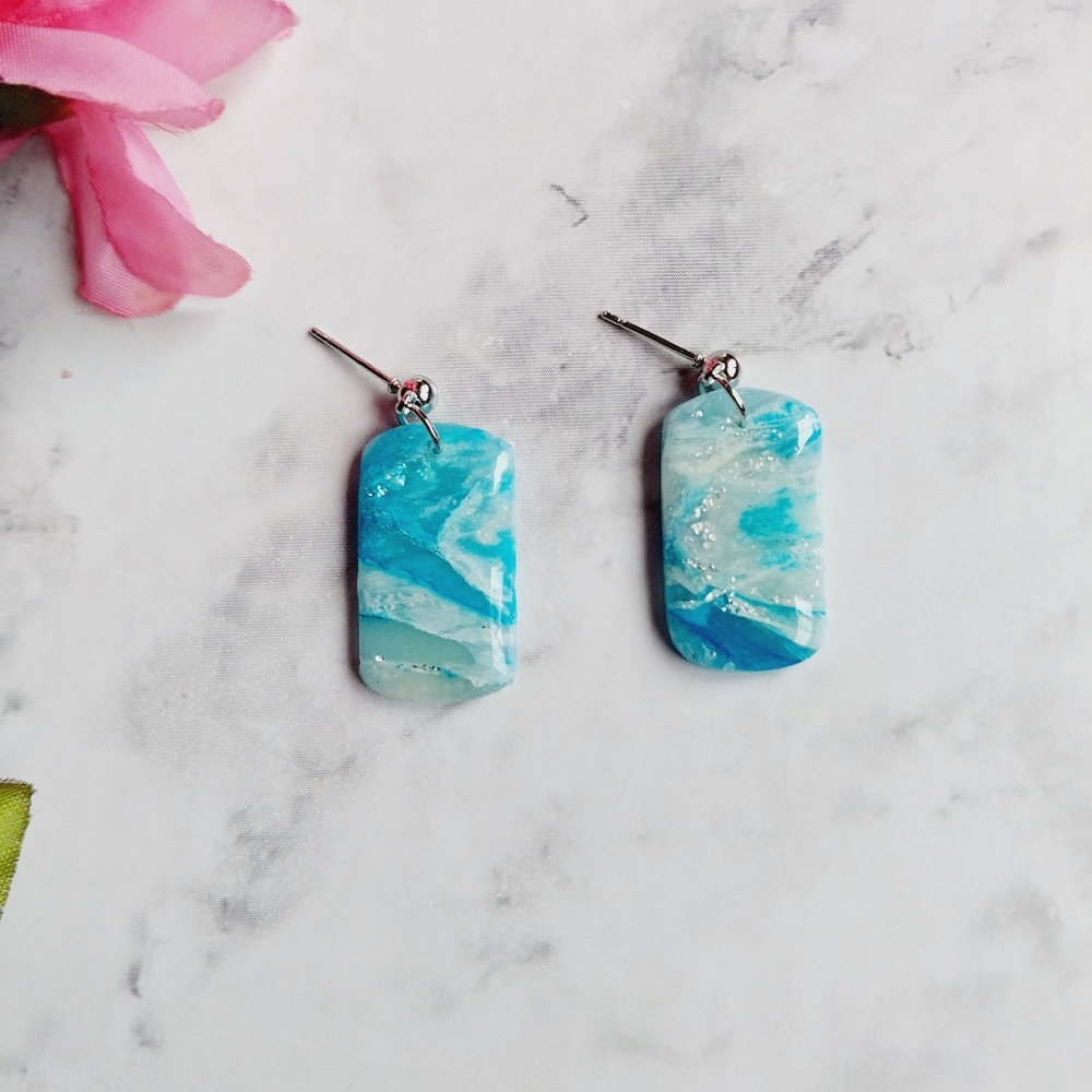 OpalGlaze Quartz Clay Ocean Color Rectangles Hand crafted Earrings.